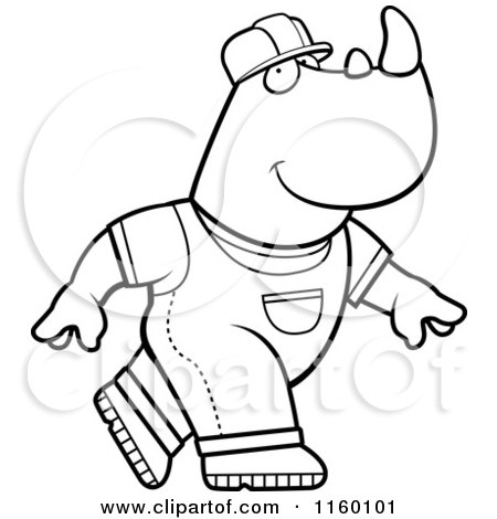 Cartoon Clipart Of A Black And White Construction Worker Rhino in Overalls - Vector Outlined Coloring Page by Cory Thoman