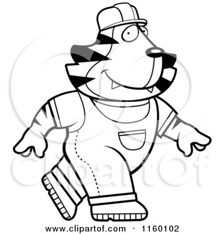 Cartoon Clipart Of A Black And White Builder Tiger Walking - Vector Outlined Coloring Page by Cory Thoman