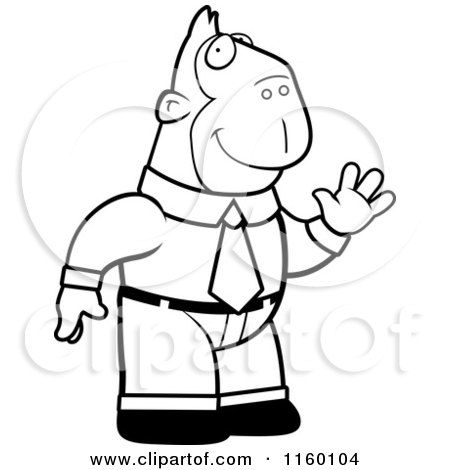 Cartoon Clipart Of A Black And White Waving Business Ape - Vector Outlined Coloring Page by Cory Thoman