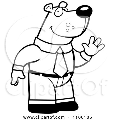 Cartoon Clipart Of A Black And White Friendly Waving Business Bear Character in a Suit - Vector Outlined Coloring Page by Cory Thoman