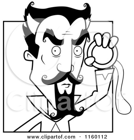Cartoon Clipart Of A Black And White Male Hypnotist Holding up a Circle - Vector Outlined Coloring Page by Cory Thoman