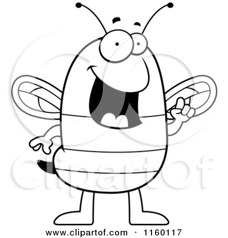 Cartoon Clipart Of A Black And White Smart Bee with an Idea - Vector Outlined Coloring Page by Cory Thoman