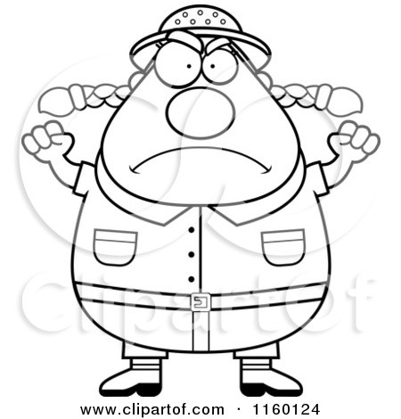 Cartoon Clipart Of A Black And White Plump Female Safari Ranger Waving Her Fists - Vector Outlined Coloring Page by Cory Thoman
