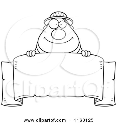 Cartoon Clipart Of A Black And White Plump Safari Man over a Blank Banner - Vector Outlined Coloring Page by Cory Thoman