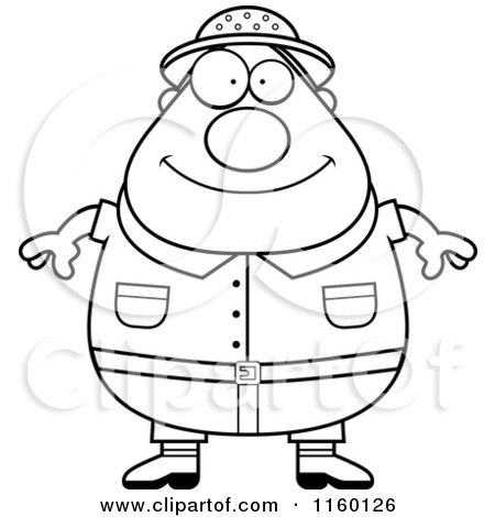 Cartoon Clipart Of A Black And White Chubby Safari Man - Vector Outlined Coloring Page by Cory Thoman