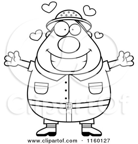 Cartoon Clipart Of A Black And White Plump Male Safari Ranger with Open Arms - Vector Outlined Coloring Page by Cory Thoman