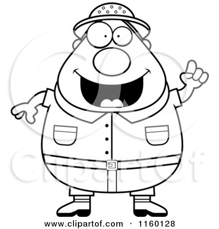 Cartoon Clipart Of A Black And White Plump Male Safari Ranger with an Idea - Vector Outlined Coloring Page by Cory Thoman