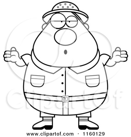 Cartoon Clipart Of A Black And White Plump Male Safari Ranger Shrugging - Vector Outlined Coloring Page by Cory Thoman