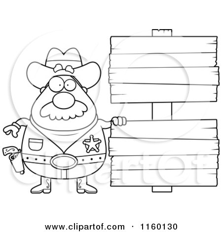 Cartoon Clipart Of A Black And White Chubby Sheriff with Double Wood Signs - Vector Outlined Coloring Page by Cory Thoman