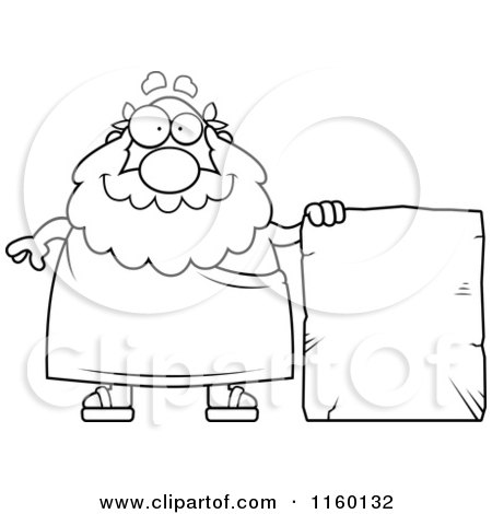 Cartoon Clipart Of A Black And White Plump Greek Man Holding up a Blank Tablet - Vector Outlined Coloring Page by Cory Thoman