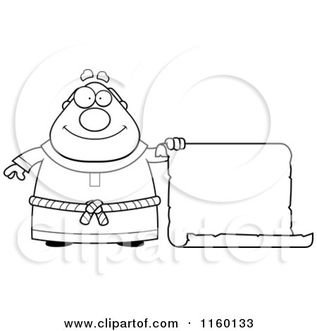 Cartoon Clipart Of A Black And White Plump Monk Holding out a Blank Scroll Sign - Vector Outlined Coloring Page by Cory Thoman