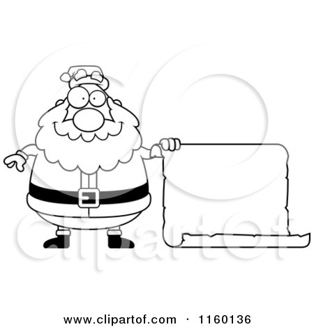 Cartoon Clipart Of A Black And White Plump Santa Holding out a Blank Scroll Sign - Vector Outlined Coloring Page by Cory Thoman