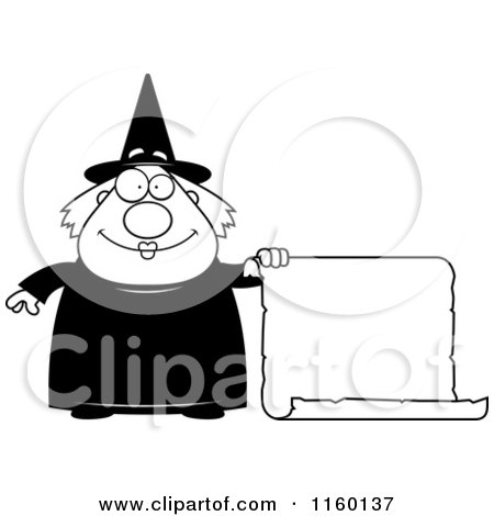 Cartoon Clipart Of A Black And White Chubby Witch Holding a Blank Scroll Sign - Vector Outlined Coloring Page by Cory Thoman