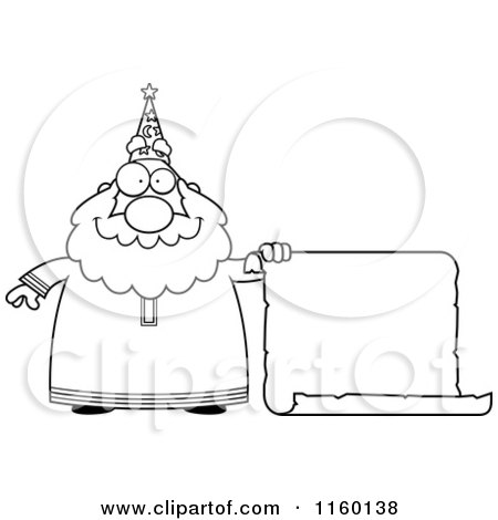 Cartoon Clipart Of A Black And White Chubby Wizard Holding a Blank Scroll Sign - Vector Outlined Coloring Page by Cory Thoman