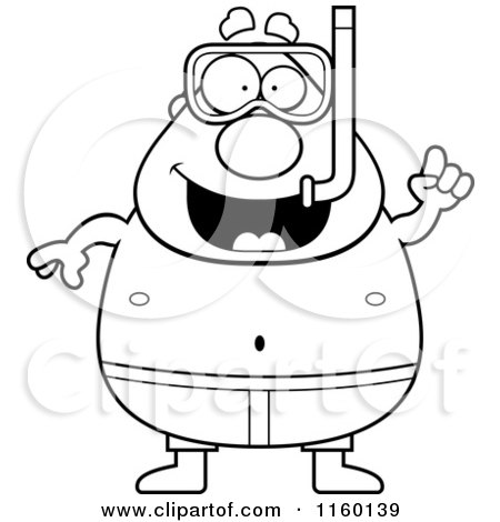 Cartoon Clipart Of A Black And White Pudgy Male Snorkeler with an Idea - Vector Outlined Coloring Page by Cory Thoman