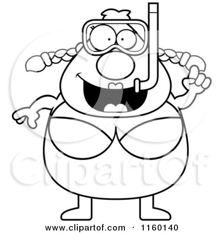 Cartoon Clipart Of A Black And White Pudgy Female Snorkeler with an Idea - Vector Outlined Coloring Page by Cory Thoman