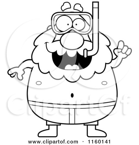 Cartoon Clipart Of A Black And White Pudgy Grandpa Snorkeler with an Idea - Vector Outlined Coloring Page by Cory Thoman