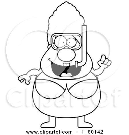Cartoon Clipart Of A Black And White Pudgy Granny Snorkeler with an Idea - Vector Outlined Coloring Page by Cory Thoman