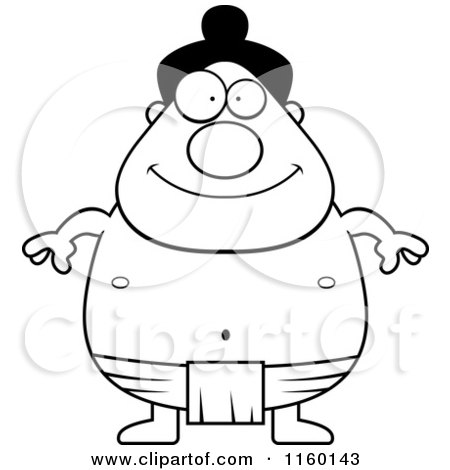 Cartoon Clipart Of A Black And White Chubby Sumo Wrestler - Vector Outlined Coloring Page by Cory Thoman
