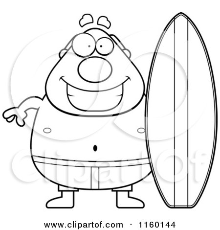 Cartoon Clipart Of A Black And White Pudgy Male Surfer - Vector Outlined Coloring Page by Cory Thoman