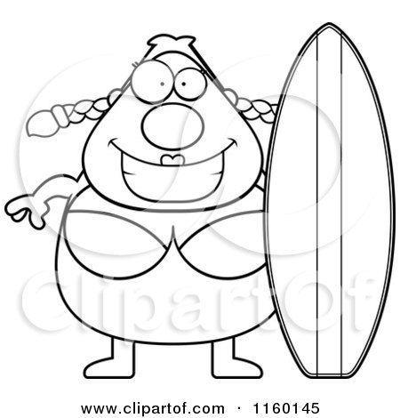 Cartoon Clipart Of A Black And White Pudgy Female Surfer - Vector Outlined Coloring Page by Cory Thoman