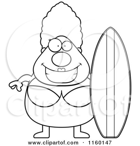 Cartoon Clipart Of A Black And White Pudgy Granny Surfer - Vector Outlined Coloring Page by Cory Thoman