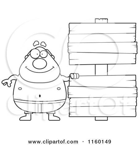 Cartoon Clipart Of A Black And White Pudgy Male Swimmer with a Sign - Vector Outlined Coloring Page by Cory Thoman