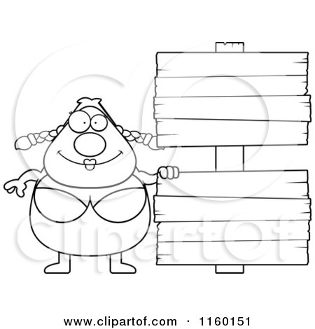 Cartoon Clipart Of A Black And White Pudgy Female Swimmer with a Sign - Vector Outlined Coloring Page by Cory Thoman