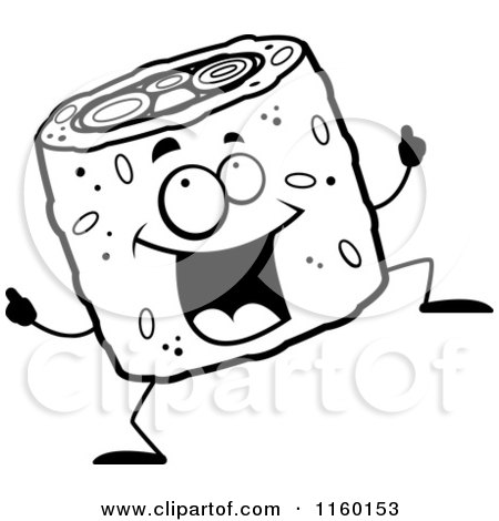 Cartoon Clipart Of A Black And White Happy Dancing Sushi Character - Vector Outlined Coloring Page by Cory Thoman