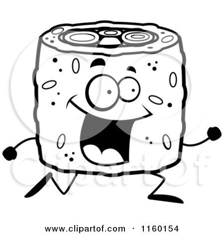 Cartoon Clipart Of A Black And White Happy Running Sushi Roll - Vector Outlined Coloring Page by Cory Thoman