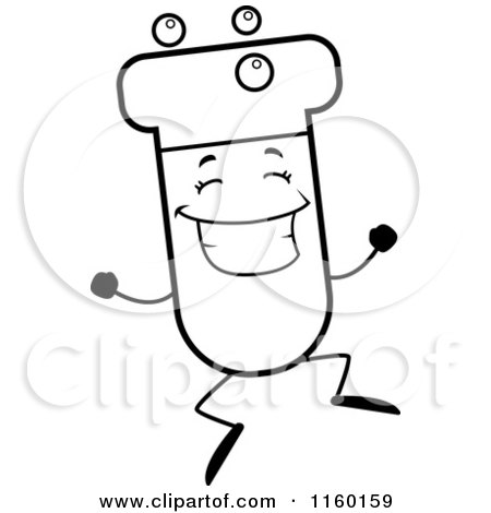 Cartoon Clipart Of A Black And White Happy Jumping Test Tube Character - Vector Outlined Coloring Page by Cory Thoman