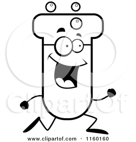 Cartoon Clipart Of A Black And White Happy Test Tube Character Running - Vector Outlined Coloring Page by Cory Thoman