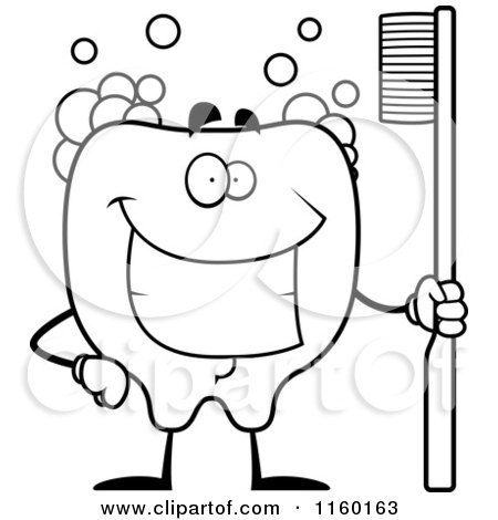 Cartoon Clipart Of A Black And White Smiling Tooth Holding a Brush, with Bubbles - Vector Outlined Coloring Page by Cory Thoman