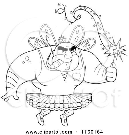 Cartoon Clipart Of A Black And White Strong Tooth Fairy Man Smoking a Cigar - Vector Outlined Coloring Page by Cory Thoman