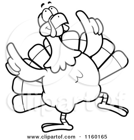 Cartoon Clipart Of A Black And White Turkey Bird Doing a Happy Dance - Vector Outlined Coloring Page by Cory Thoman