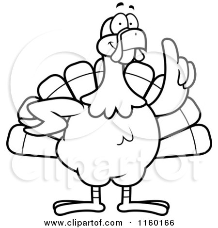 Cartoon Clipart Of A Black And White Turkey Bird with an Idea - Vector Outlined Coloring Page by Cory Thoman