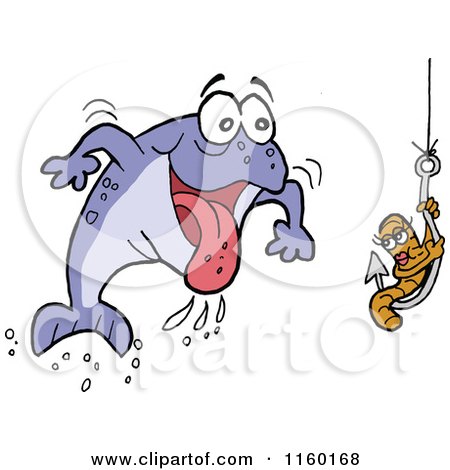 Cartoon of a Male Fish Chasing a Female Worm on a Hook - Royalty