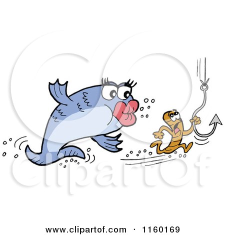 Cartoon of a Female Fish Chasing a Male Worm with a Hook - Royalty Free Vector Clipart by LaffToon