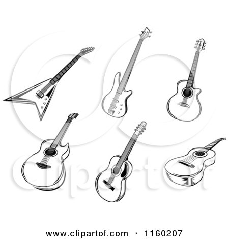 Clipart of Black and White Acoustic and Electric Guitars - Royalty Free Vector Illustration by Vector Tradition SM