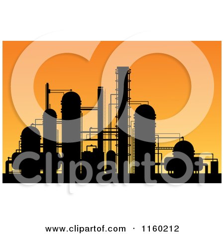 Clipart of a Chemical Factory Plat Silhouetted Against an Orange Sunset - Royalty Free Vector Illustration by Vector Tradition SM
