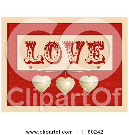 Clipart of a Retro Love Plaque with Suspended Hearts over Red with a Beige Border - Royalty Free Illustration by elaineitalia