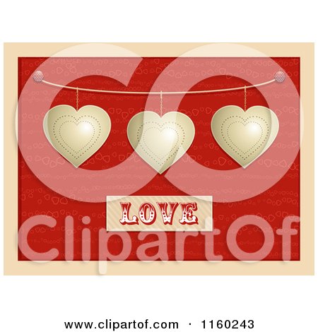 Clipart of Metal Hearts Suspended over the Word Love on Red and Beige - Royalty Free Illustration by elaineitalia
