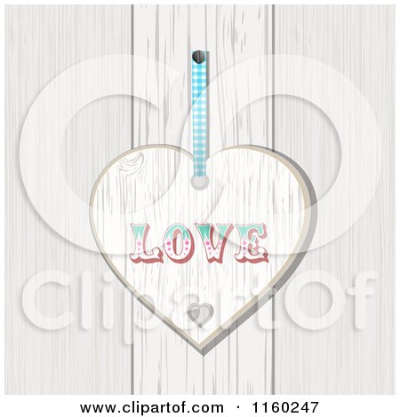 Clipart of a White Washed Wood Plaque Heart with the Word Love - Royalty Free Illustration by elaineitalia
