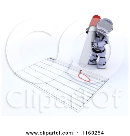 Clipart of a 3d Robot Circling New Years Day on a Calendar - Royalty Free CGI Illustration by KJ Pargeter
