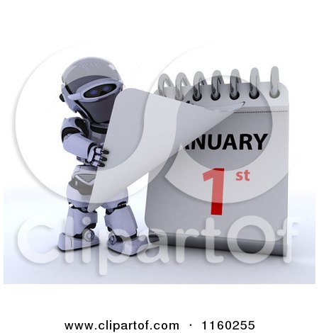 Clipart of a 3d Robot Tearing off a Calendar Page to New Years Day January 1st 2 - Royalty Free CGI Illustration by KJ Pargeter