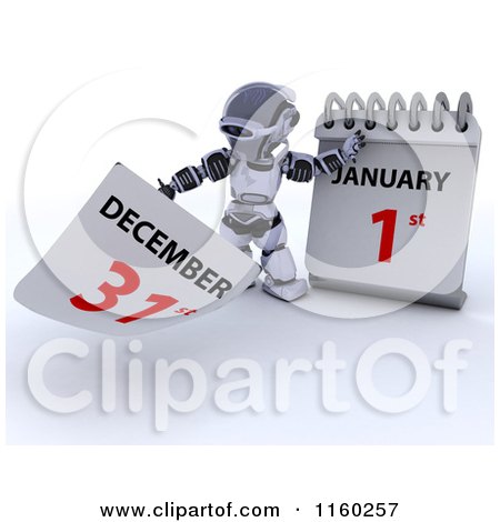 Clipart of a 3d Robot Tearing off a Calendar Page to New Years Day January 1st - Royalty Free CGI Illustration by KJ Pargeter