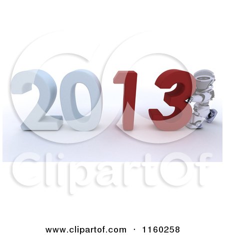 Clipart of a 3d Robot Pushing Together the Year 2013 - Royalty Free CGI Illustration by KJ Pargeter
