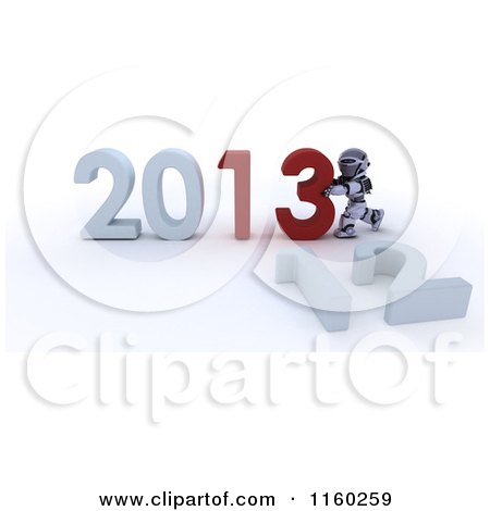 Clipart of a 3d Robot Pushing Together the Year 2013 and Knocking down 12 - Royalty Free CGI Illustration by KJ Pargeter