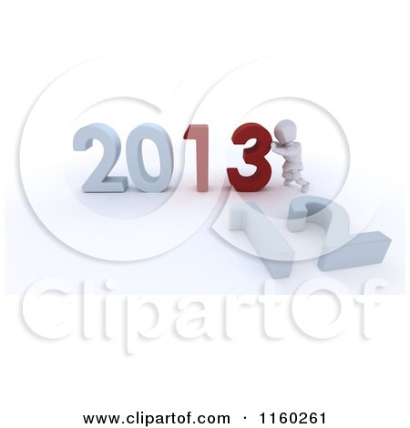 Clipart of a 3d White Character Pushing Together the Year 2013 and Knocking down 12 - Royalty Free CGI Illustration by KJ Pargeter