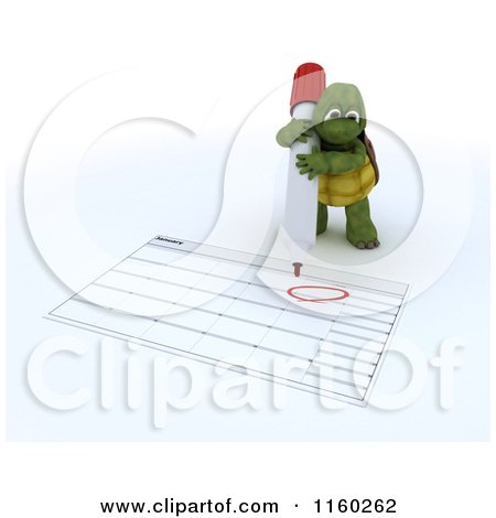 Clipart of a 3d Tortoise Circling New Years Day on a Calendar - Royalty Free CGI Illustration by KJ Pargeter